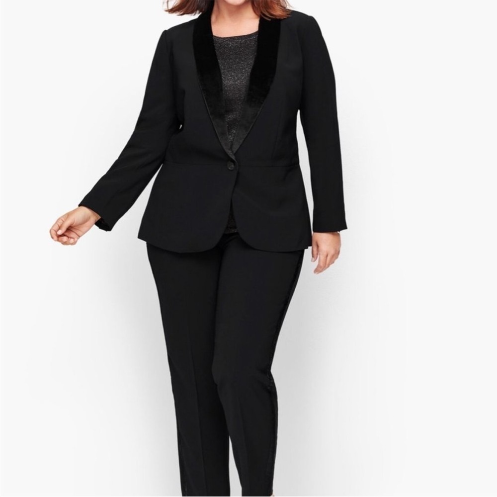 Talbots Jacket Blazer Crepe Velvet Trimmed Tuxedo Holiday Winter Stretch Black